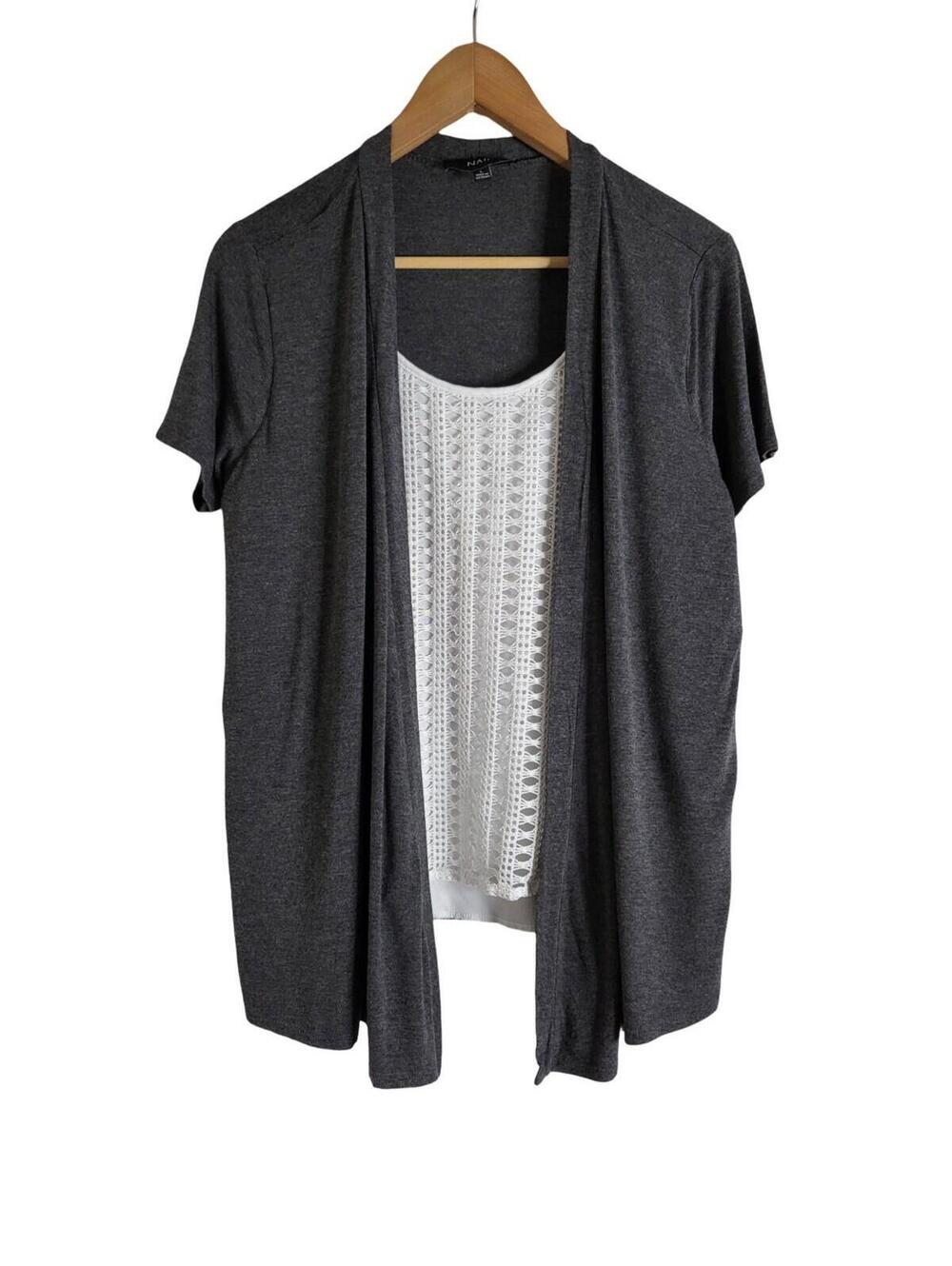 Naif Faux 2-Layer Layered Top Charcoal Gray Open Front Short Sleeve Cardigan L
